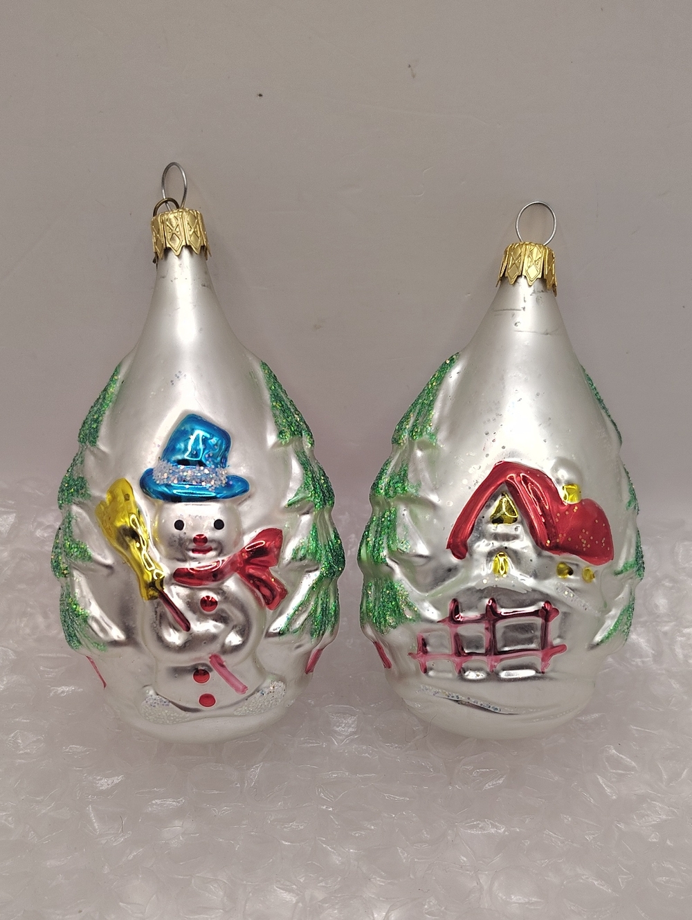 Vintage Set Of 2 Snowman And Forest House Scene Plus 3 Tree Glass Ornaments